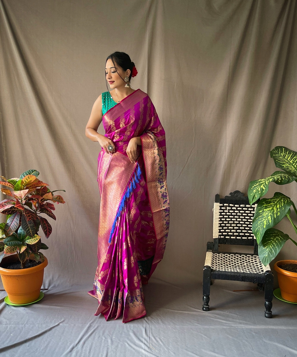 Gold zari Woven Banarasi silk saree with meenakari border - Purple