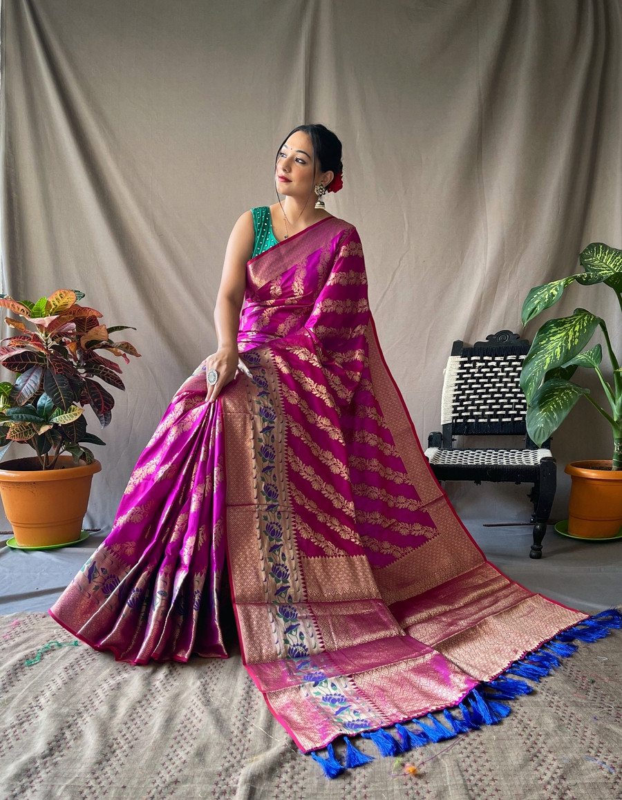 Gold zari Woven Banarasi silk saree with meenakari border - Purple