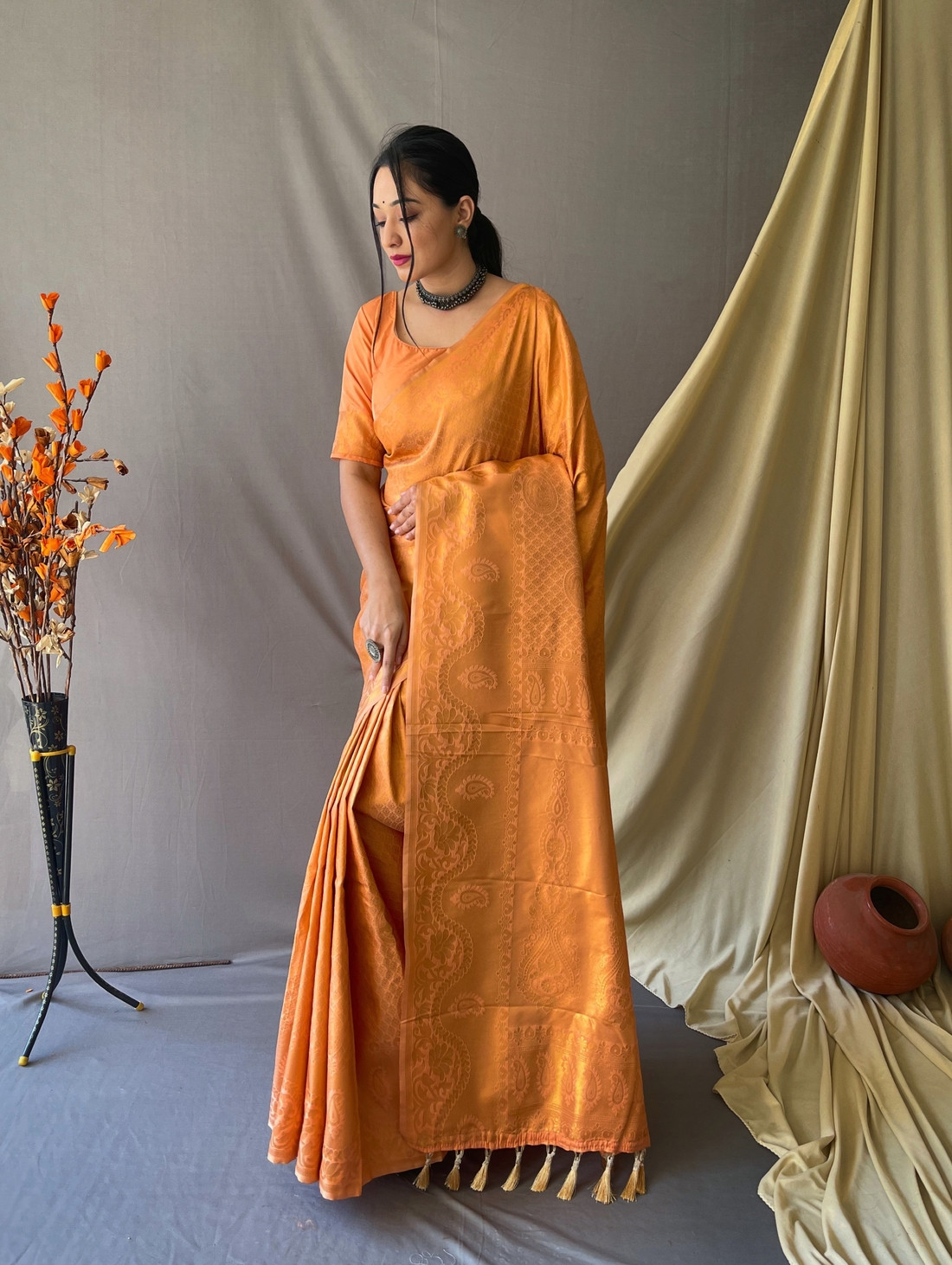 Gold Zari Woven Kanjeevaram Soft Silk Sarees - Orange