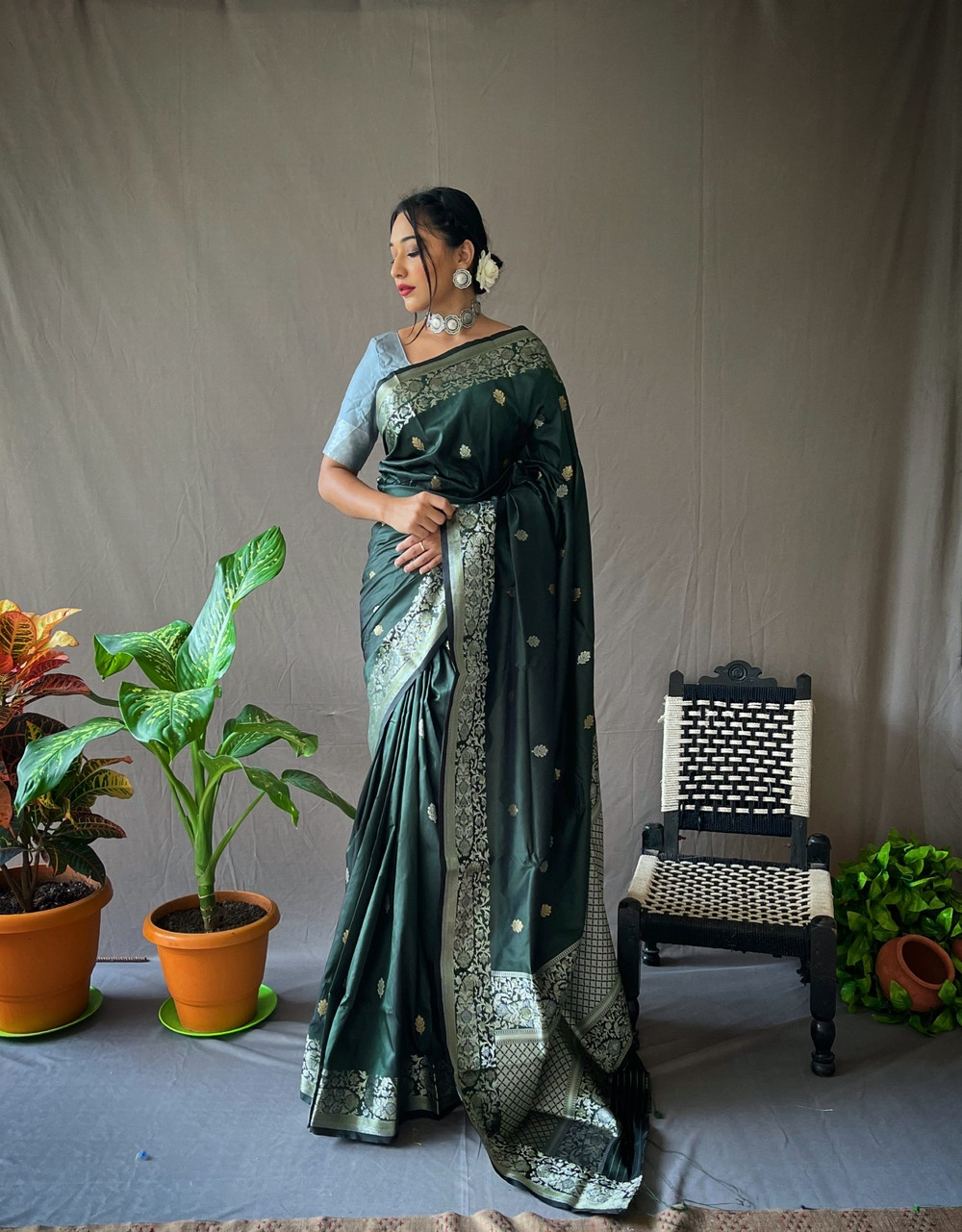 Gold & Silver Zari Woven Soft Silk Saree with Rich woven Pallu - Green