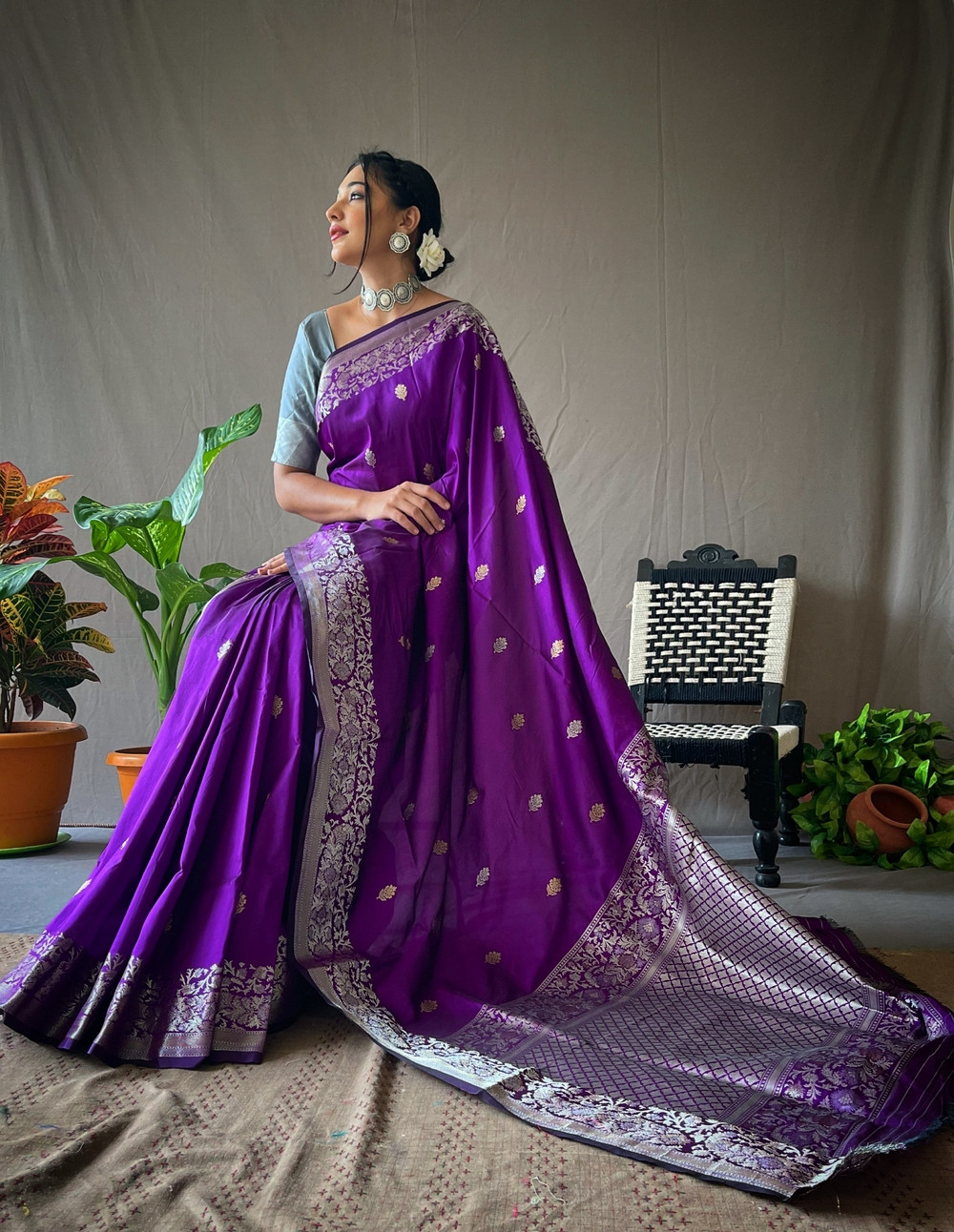 Gold & Silver Zari Woven Soft Silk Saree with Rich Pallu - Purple