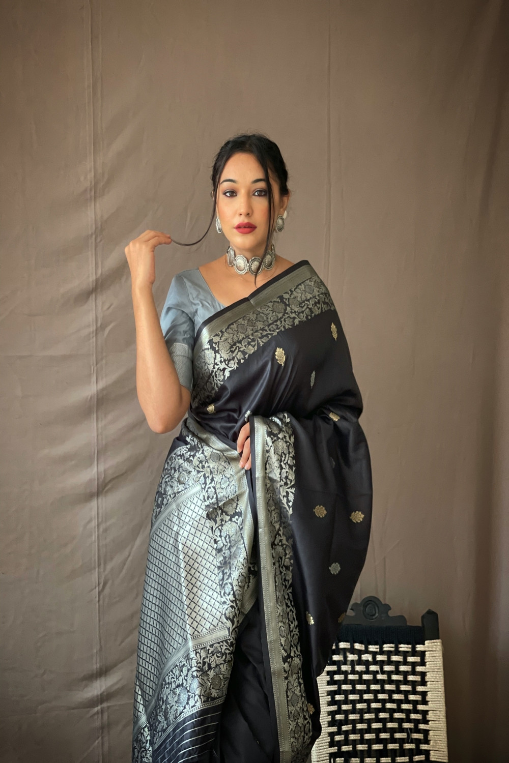 Gold & Silver Zari Woven Soft Silk Saree with Rich Pallu - Black