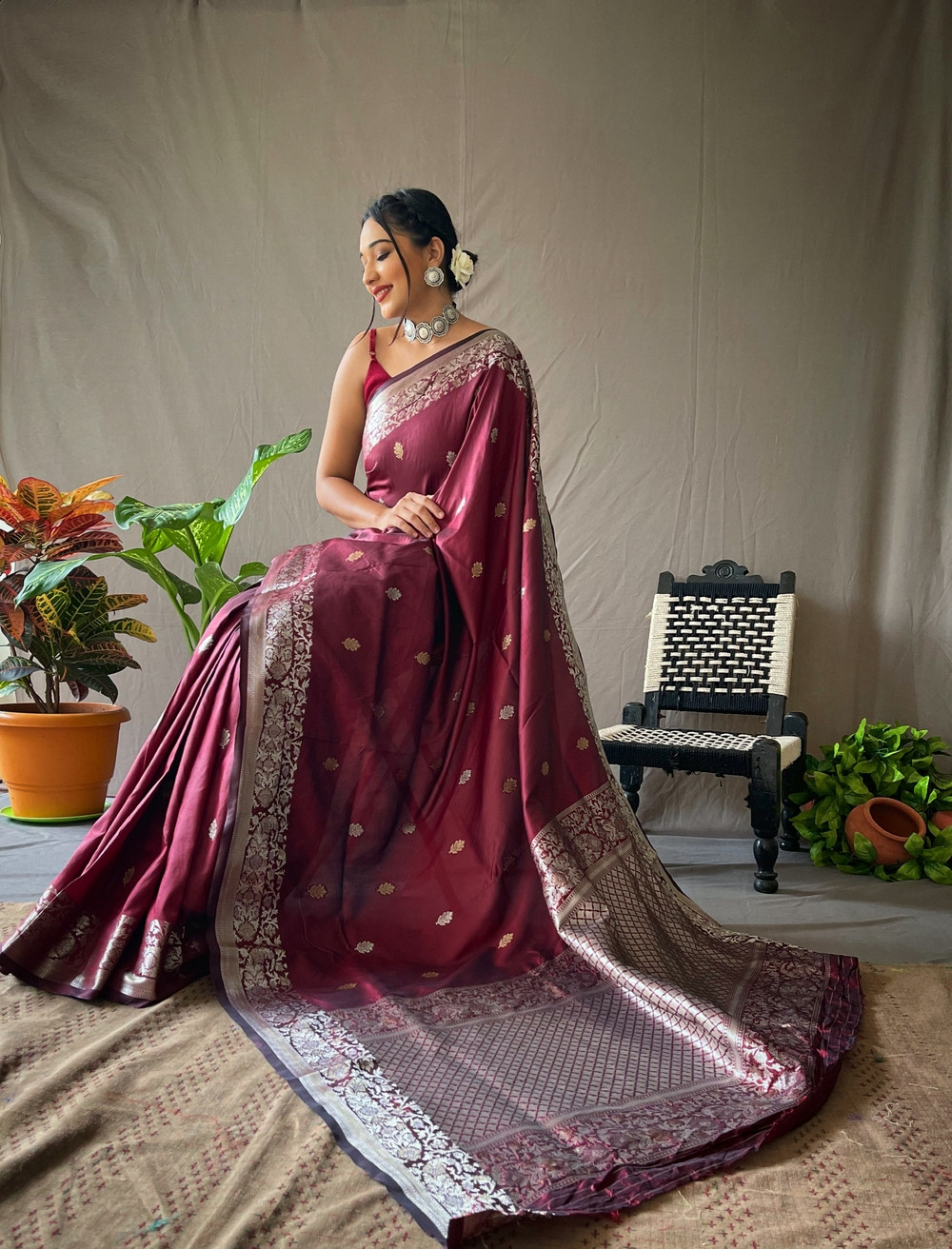 Gold & Silver Zari Woven Soft Silk Saree with Rich Pallu -Maroon
