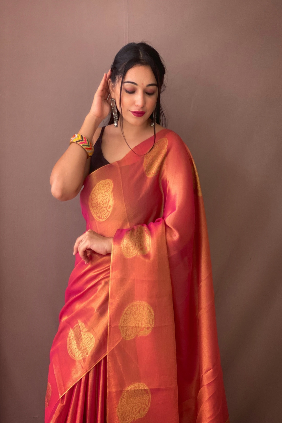 Buy Red-Gold Handloom Chanderi Tissue Saree Online at Jaypore.com