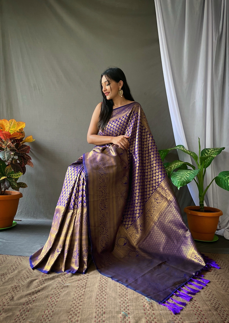 Pure Kanjeevaram Silk Gold Zari woven saree - Violet