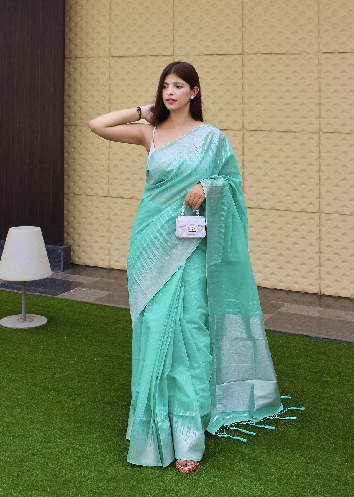 Pure Cotton Saree with Copper Zari woven motif and Pallu - Rama Blue