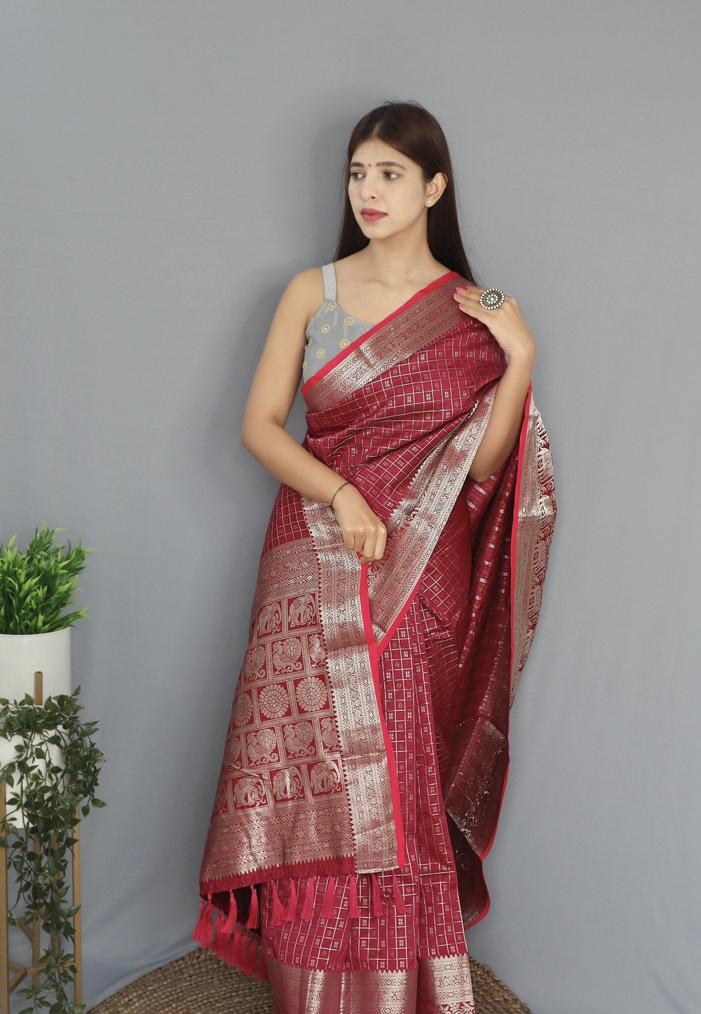 Soft Silk saree With Silver Zari woven broder and Rich Pallu - Red
