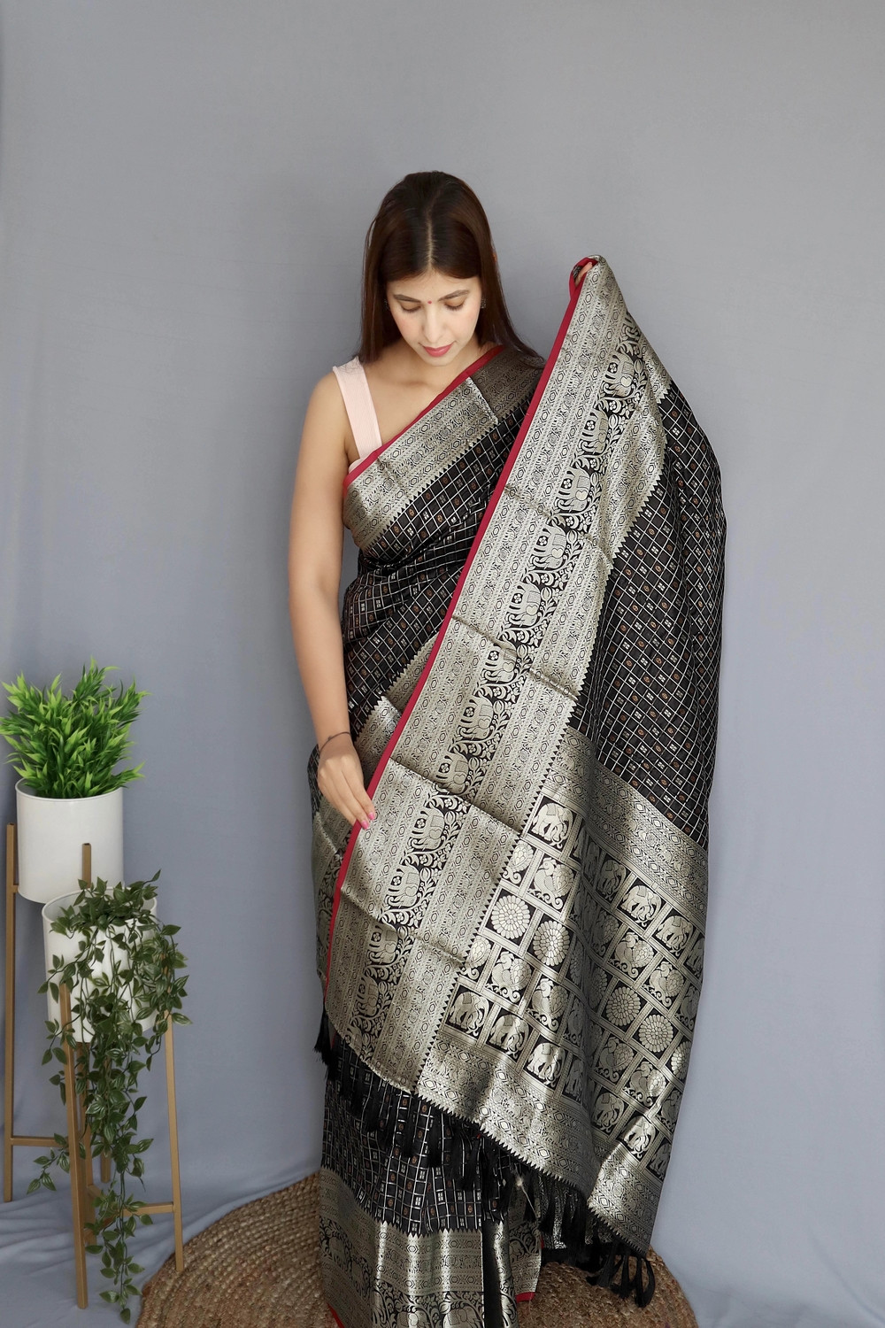 Soft Silk saree With Silver Zari woven broder and Rich Pallu -Black