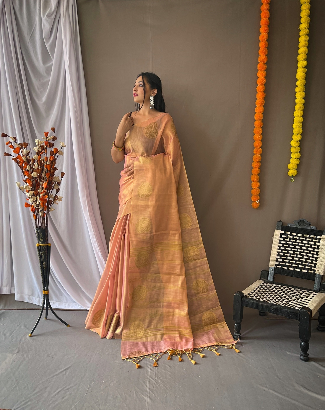 Zari Woven Tissue Silk Sarees with Chit Pallu -Pink