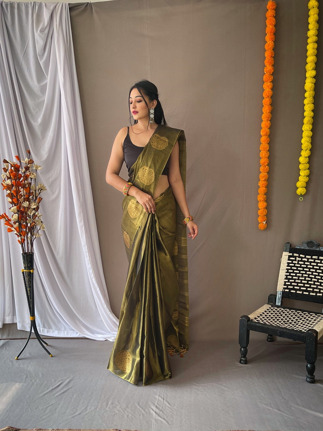 Zari Woven Tissue Silk Sarees with Chit Pallu -Dark Green