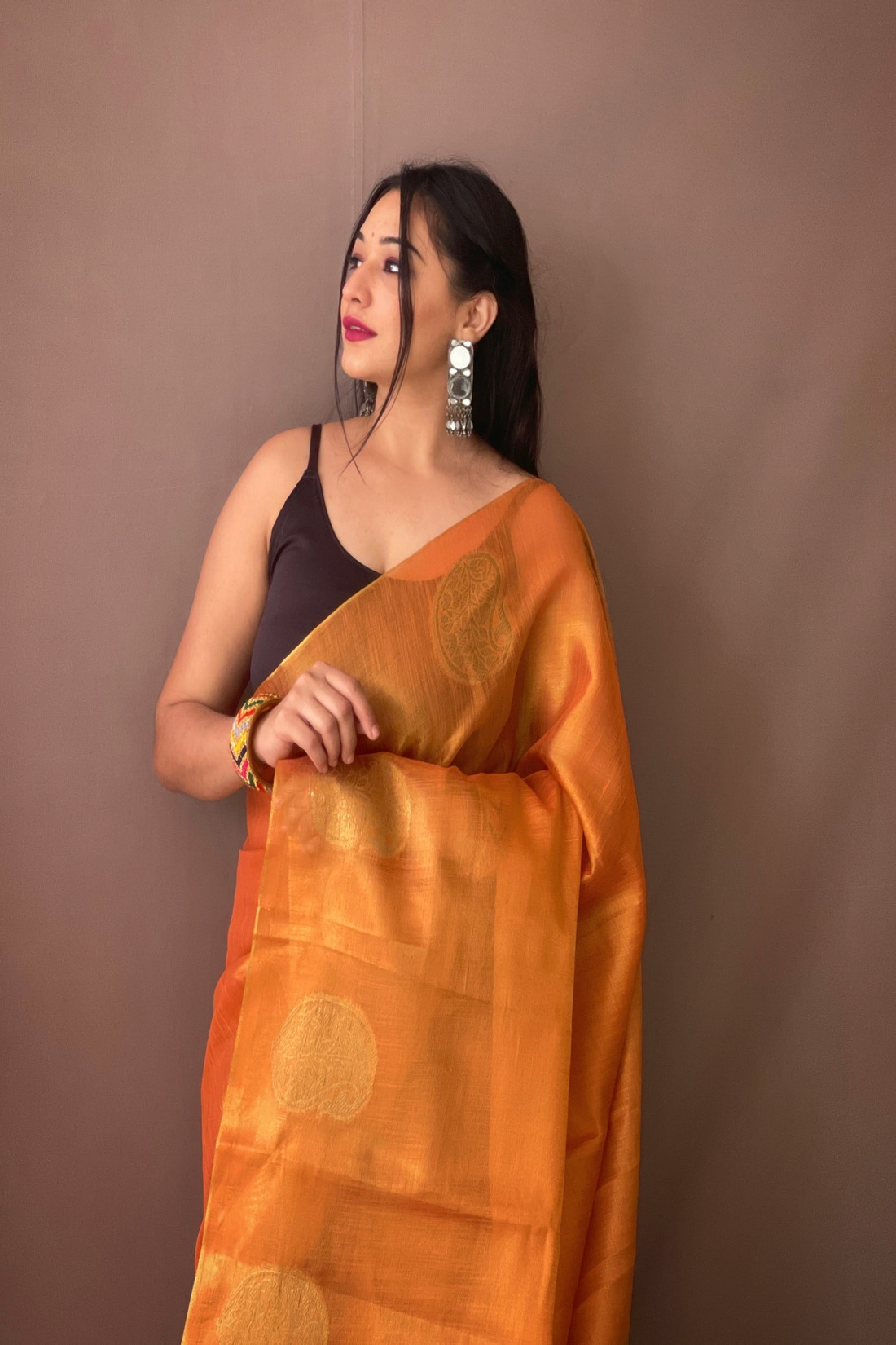 Zari Woven Tissue Silk Sarees with Chit Pallu -Orange