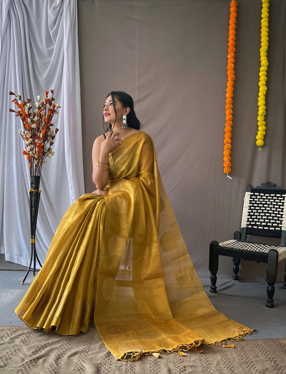 Zari Woven Tissue Silk Sarees with Chit Pallu -Gold