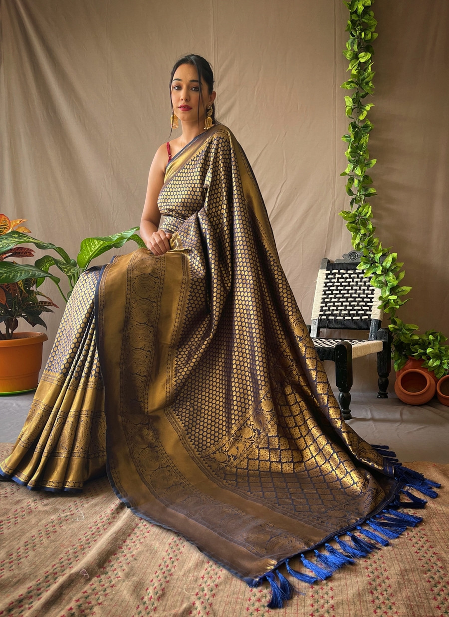 Pure Kanjeevaram Silk Gold Zari woven saree - Navy Blue