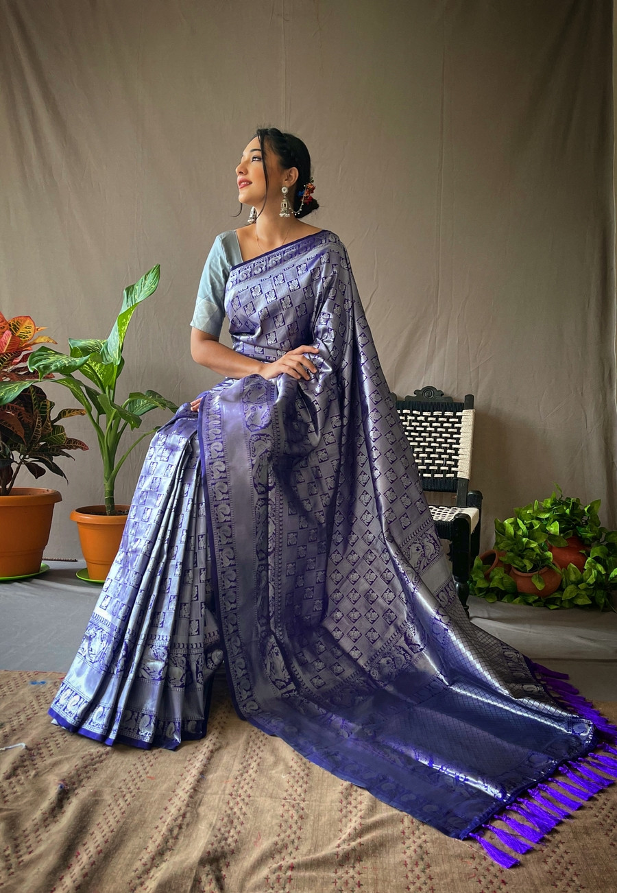 Silver zari Woven Pure Kanjeevaram Silk handloom saree -Violet