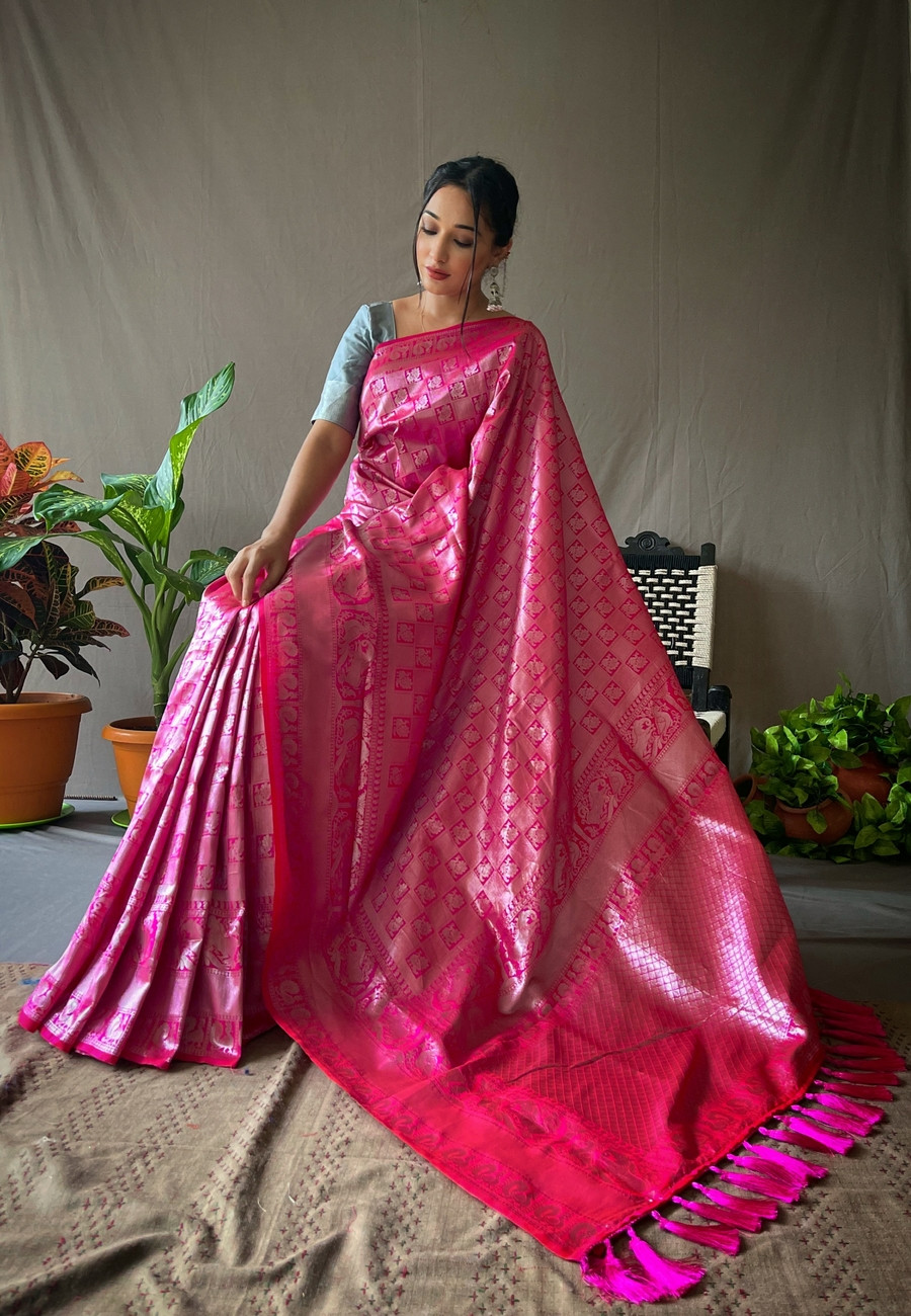 Silver zari Woven Pure Kanjeevaram Silk handloom saree -Pink