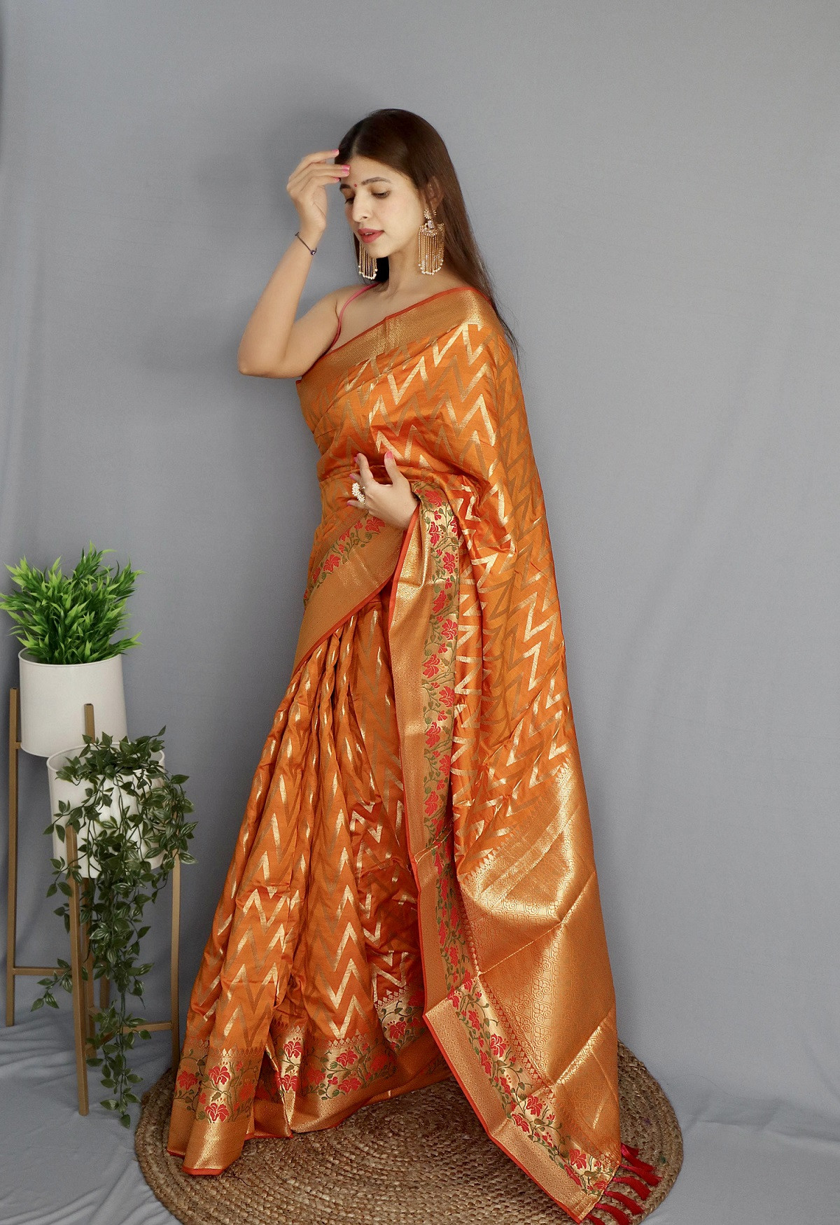 Banarasi silk saree with gold zari Woven border and Pallu - Orange