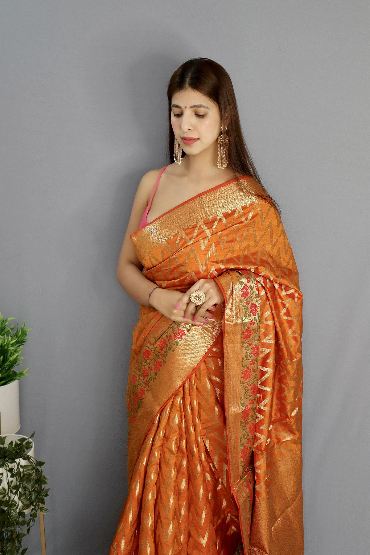 Banarasi silk saree with gold zari Woven border and Pallu - Orange