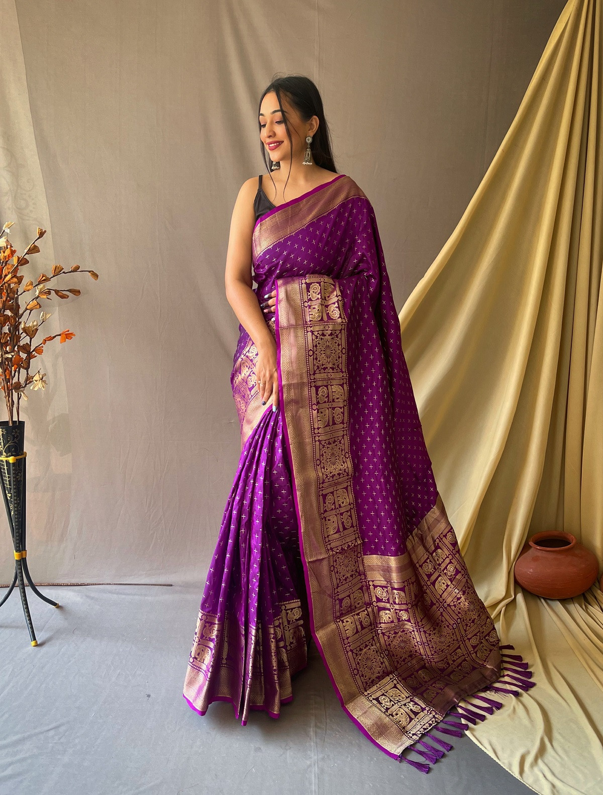 Soft Silk saree With Gold Zari woven broder and Rich Pallu - Purple