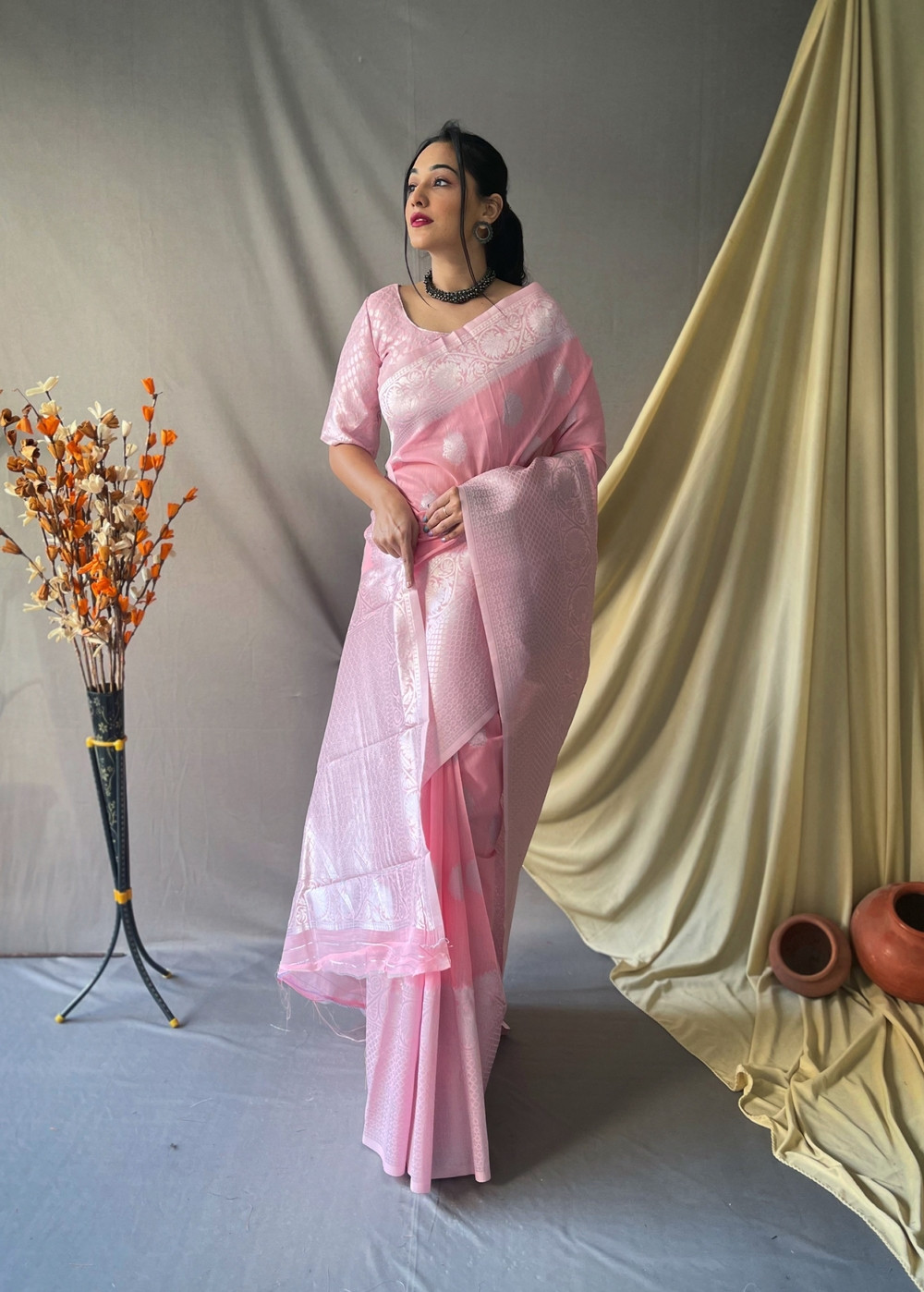 Blush Pink Saree With Gold & Tonal Sequins Double Border Design MRP  Inclusive Of : Saree & Blouse Made To Order Wash & Care : Dry Clean Only  Model Height : 5'9