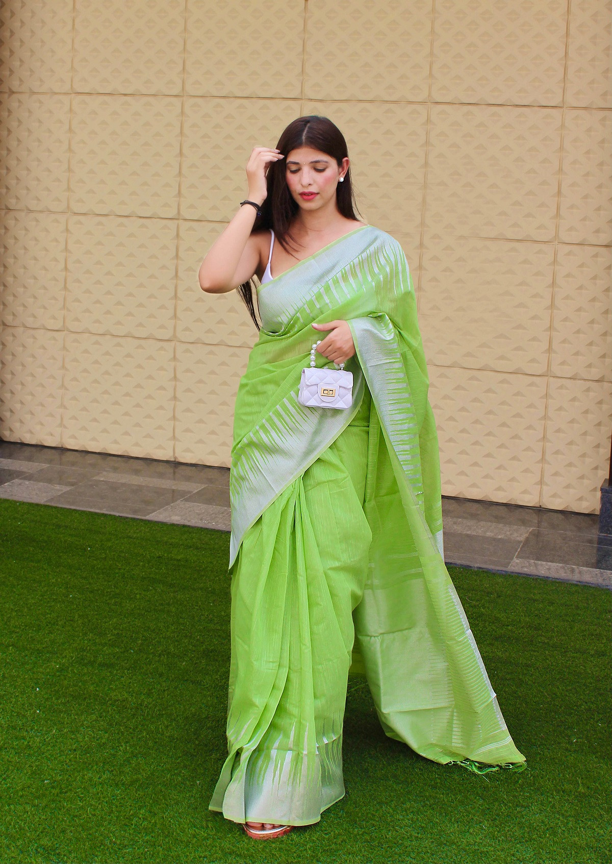 Pure Cotton Saree with Copper Zari woven motif and Pallu - Green