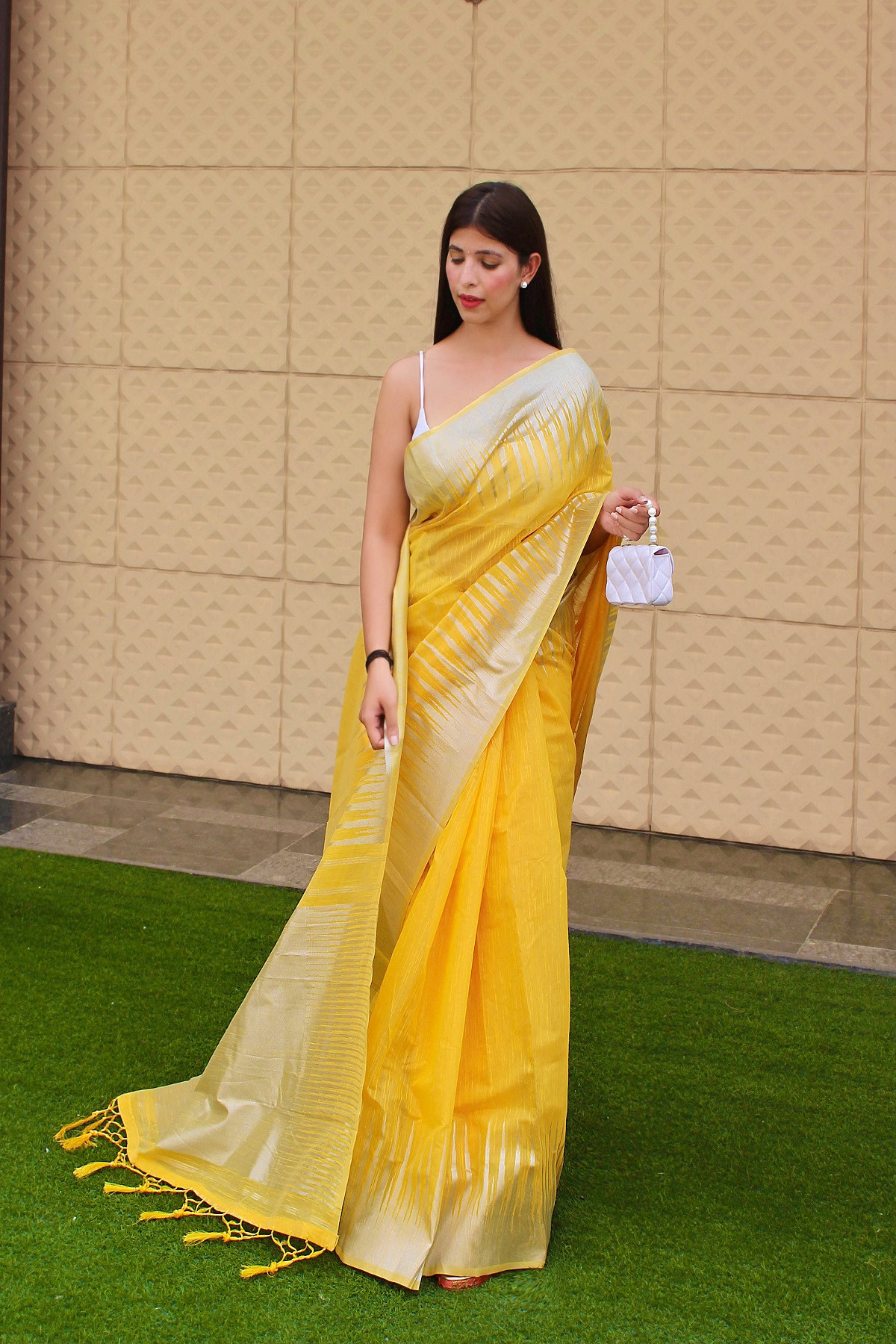 Pure Cotton Saree with Copper Zari woven motif and Pallu - Yellow