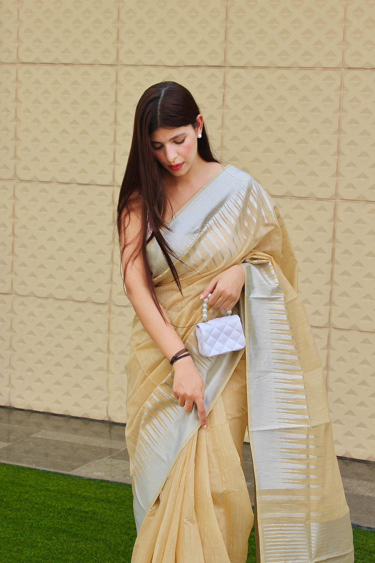 Pure Cotton Saree with Copper Zari woven motif and Pallu - Light Brown