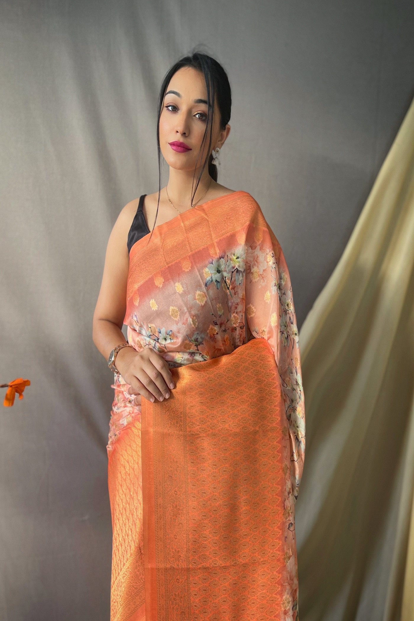 Gold zari woven Kora Organza Silk Saree with kalamkari print- Orange