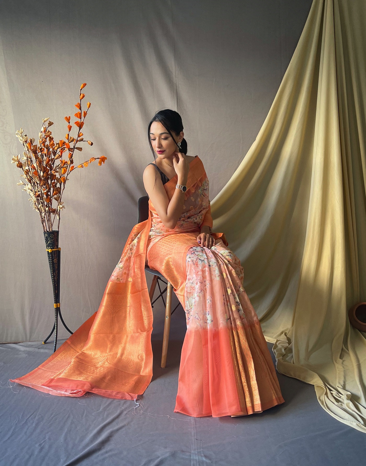Gold zari woven Kora Organza Silk Saree with kalamkari print- Orange