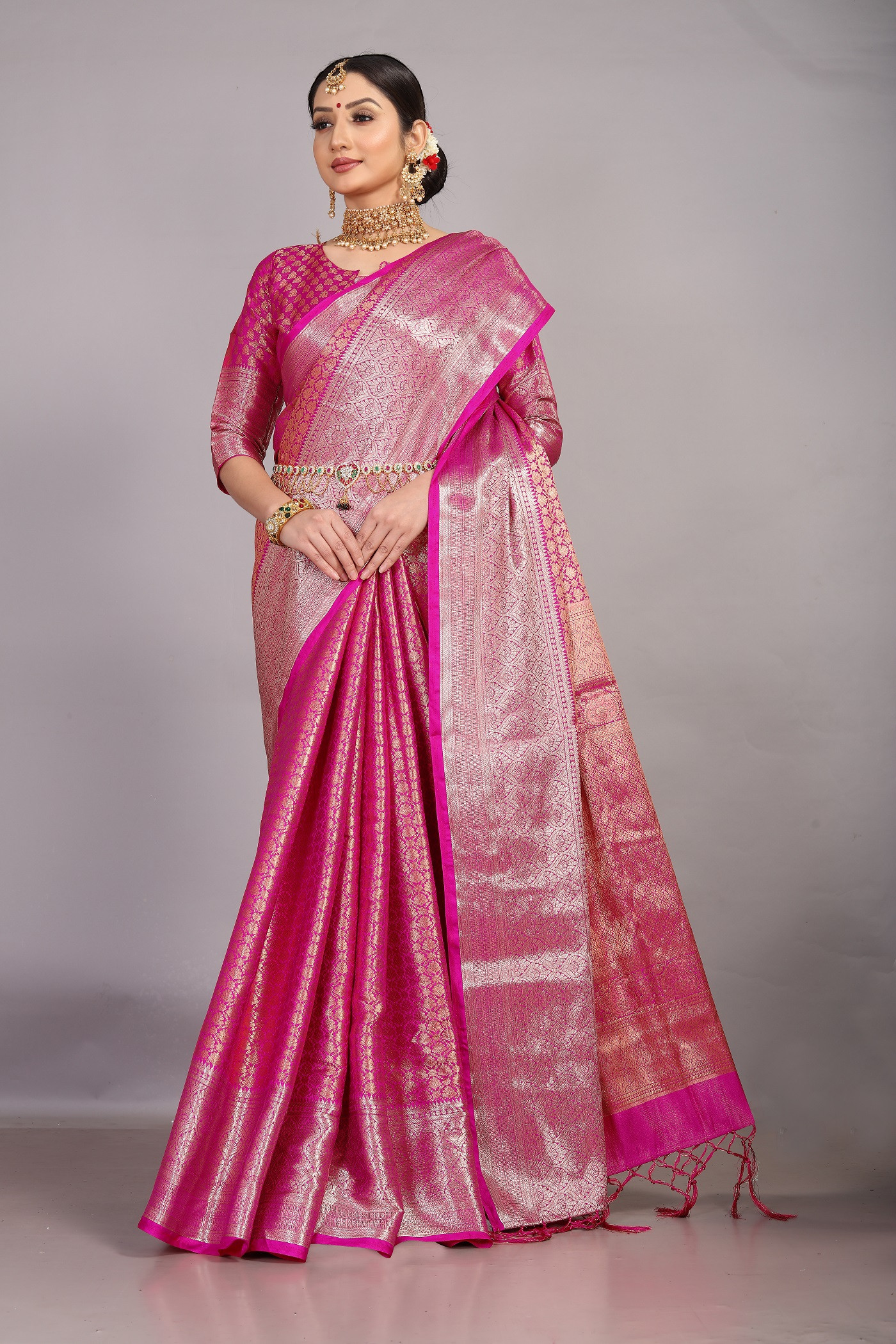 Dark Pink and Gold Kanjeevaram Brocade Silk Saree | Designr.me