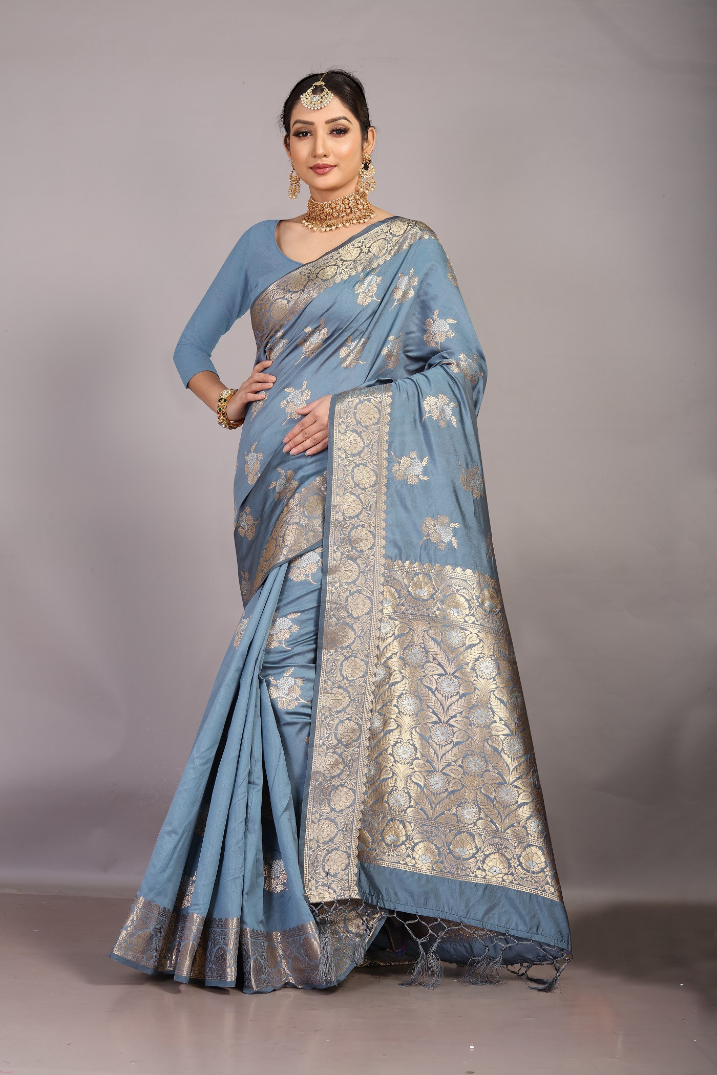 Soft Litchi Silk saree with zari woven border & Rich pallu - Grey