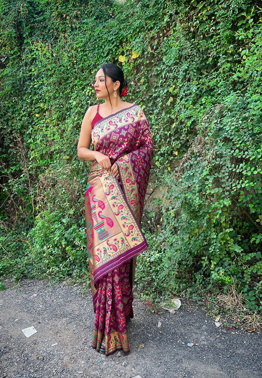 Paithani Soft Silk saree with minakari zari woven border Pallu- Purple