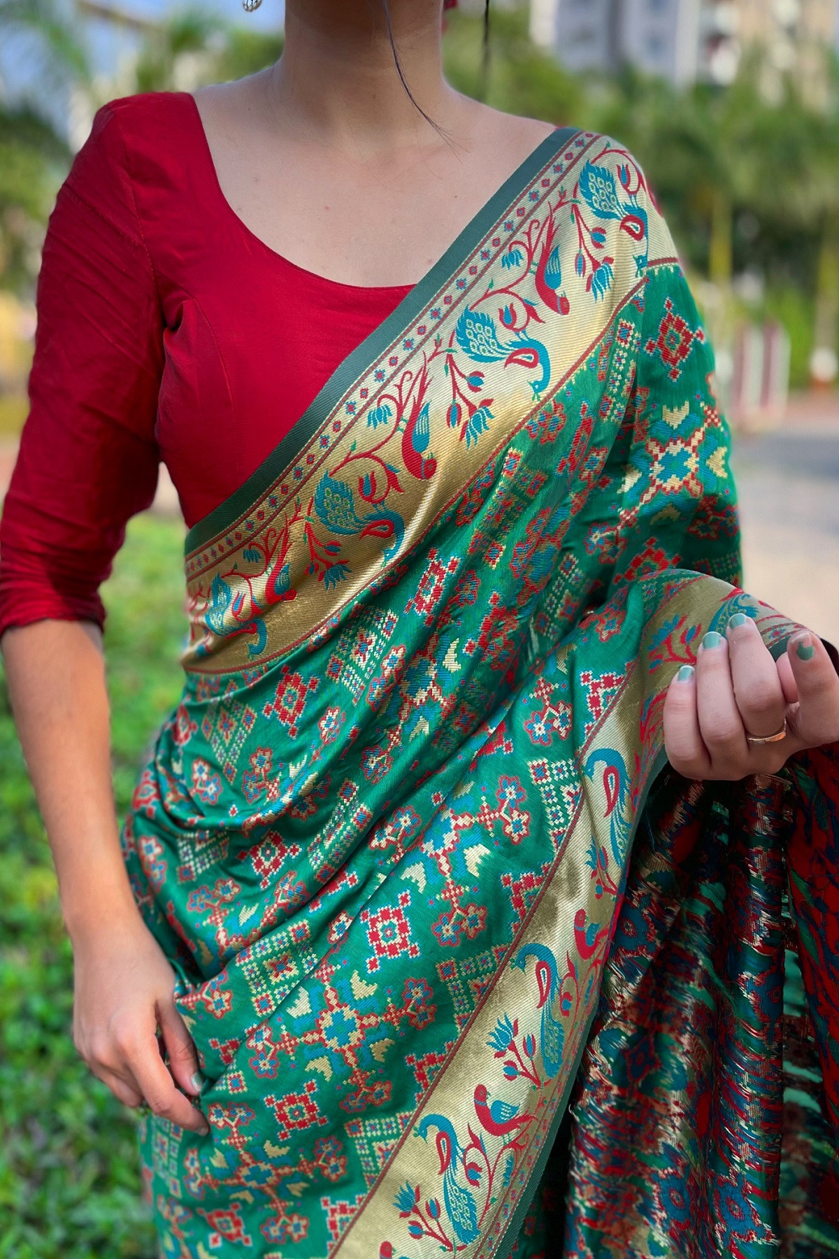 Paithani Soft Silk saree with minakari zari woven border Pallu- Green
