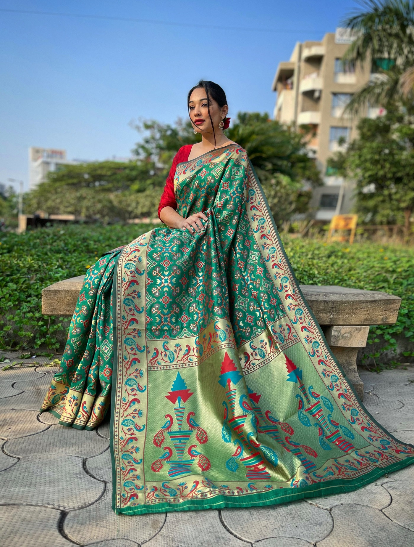 Paithani Soft Silk saree with minakari zari woven border Pallu- Green