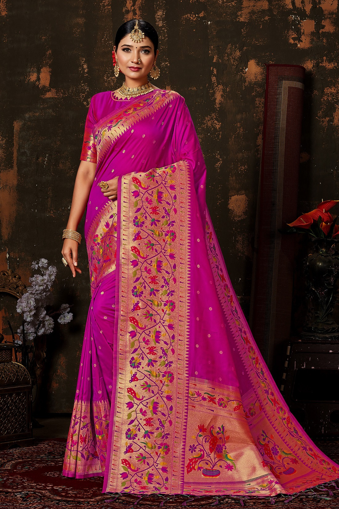Paithani Soft Silk saree with meenakari zari woven border Pallu-Purple