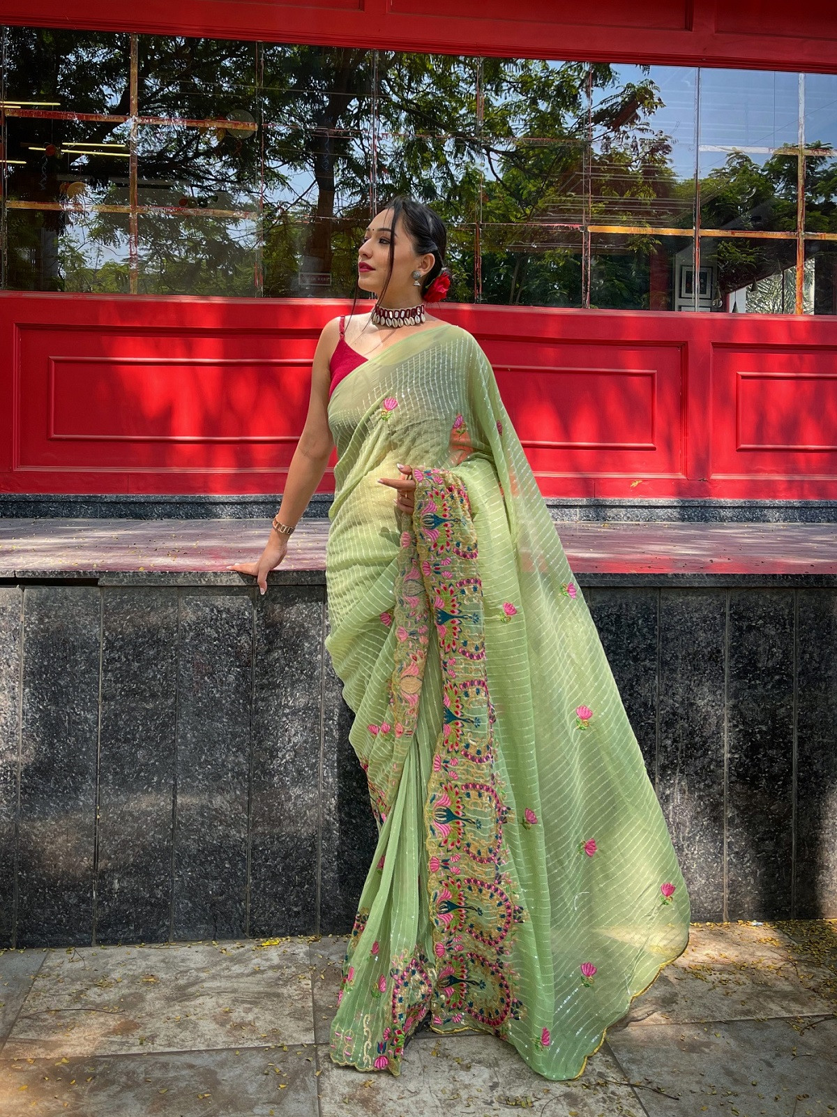 Pure Georgette saree with sequence embroidery work - Green