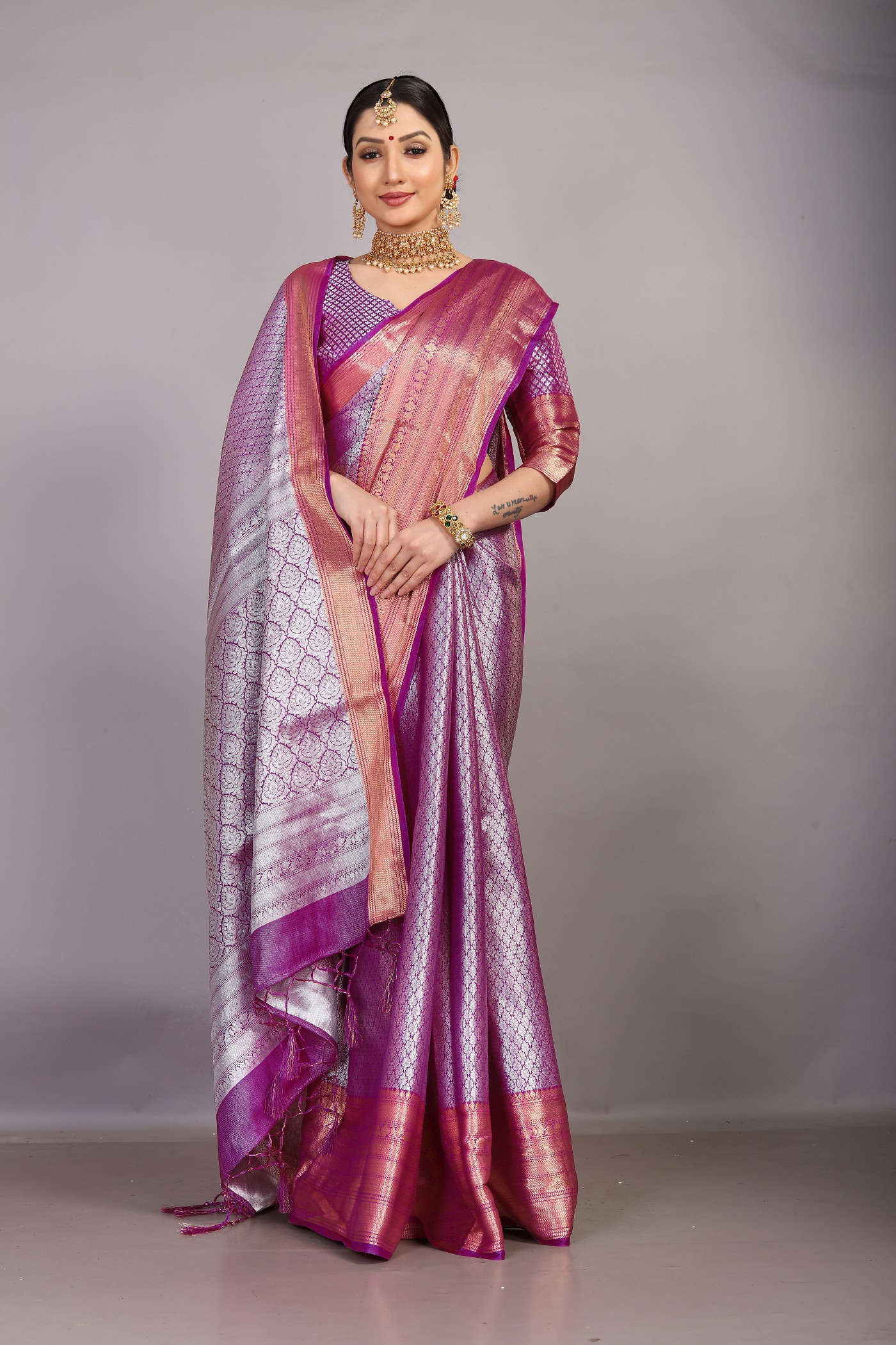 Gold & silver zari woven kanjeevaram soft silk Saree - Violet