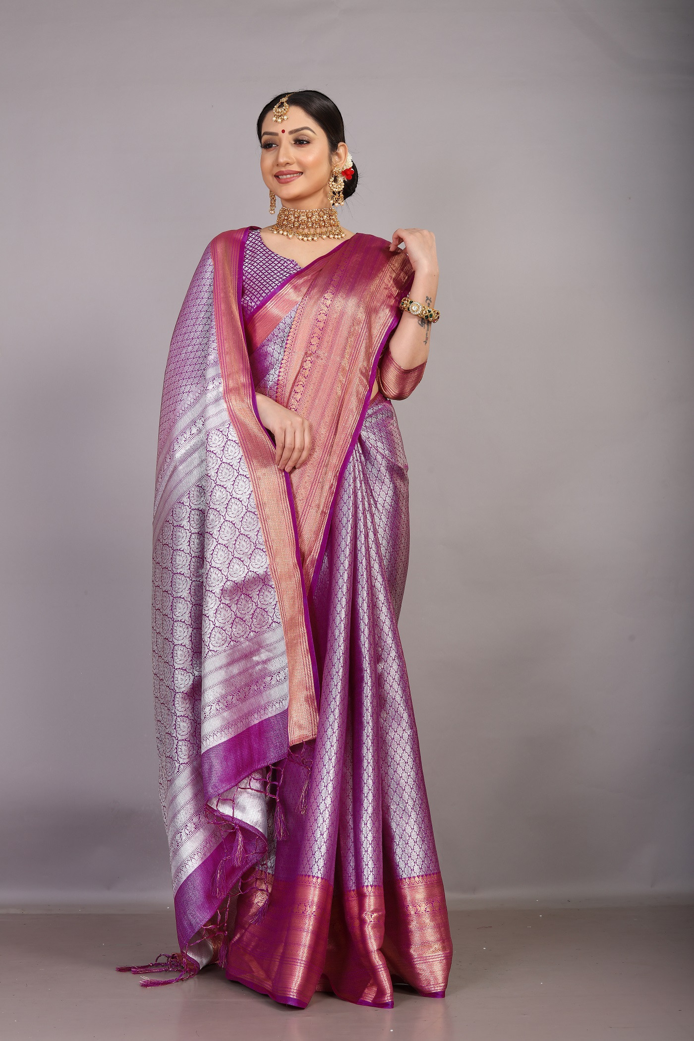 Gold & silver zari woven kanjeevaram soft silk Saree - Violet