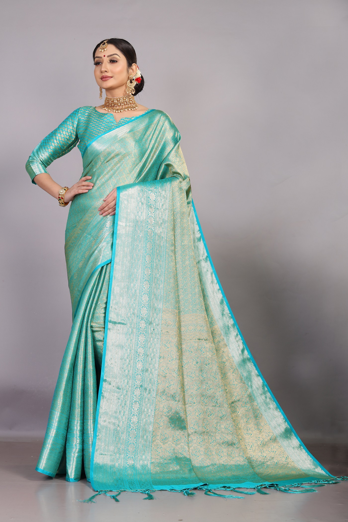 Gold & silver zari woven kanjeevaram soft silk Saree -Aqua Blue