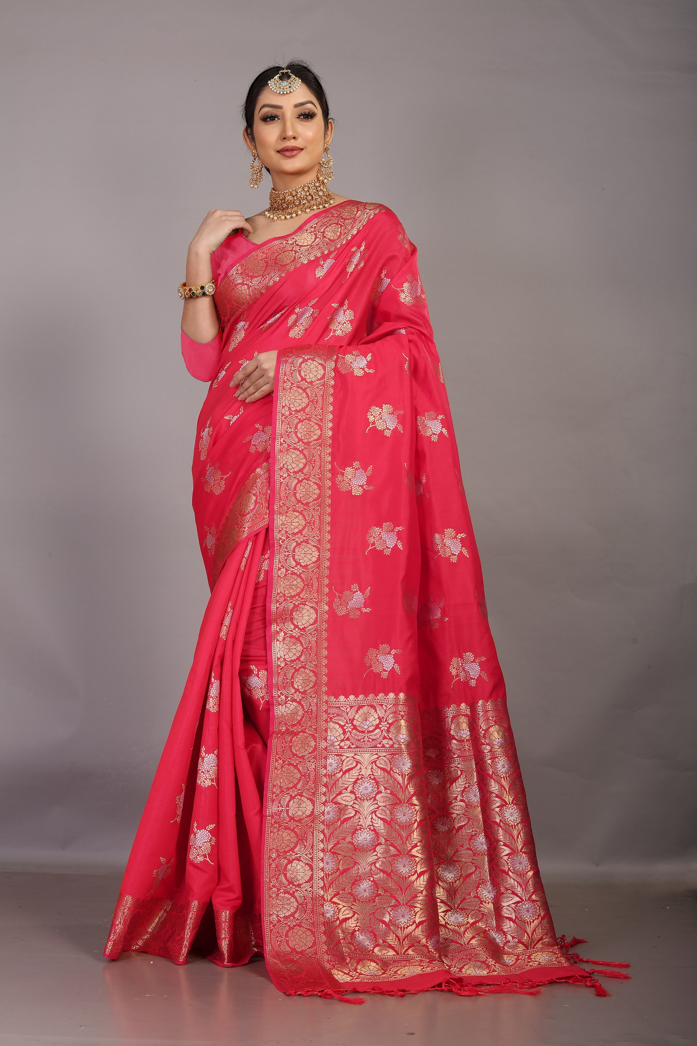 Soft Litchi Silk saree with zari woven border & Rich pallu - Red
