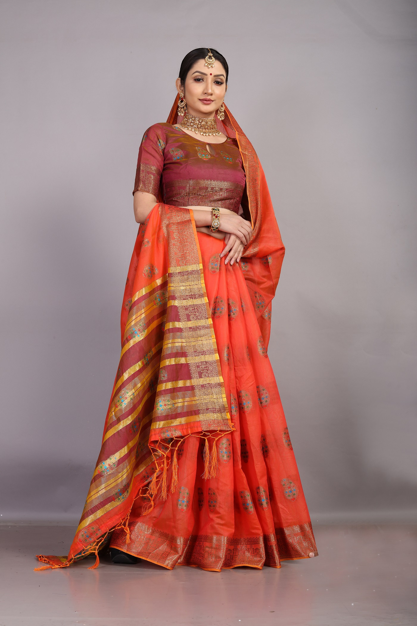 Gold zari meenkari woven Pure cotton saree with chit pallu - Red