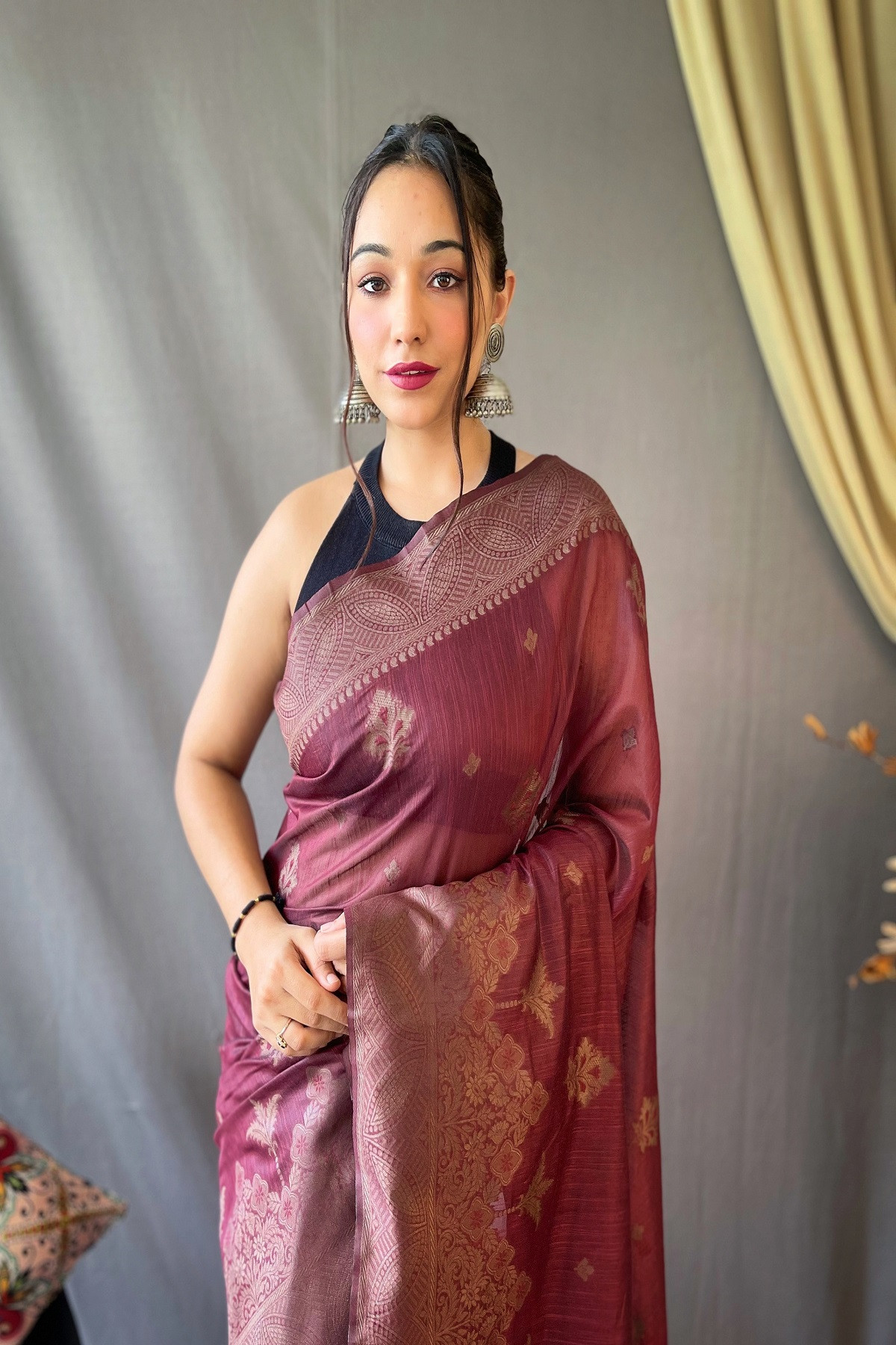 Copper Zari woven Pure Cotton saree - Dark Maroon