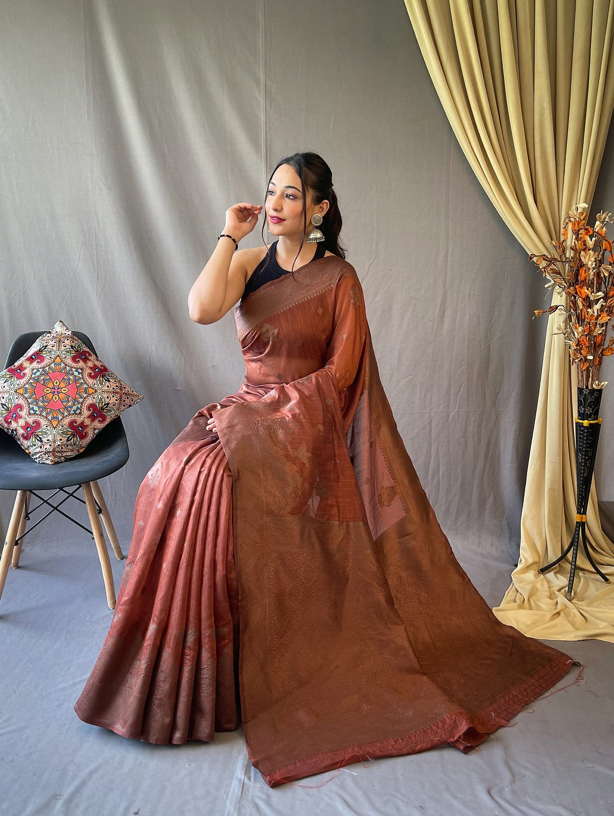 Copper Zari woven Pure Cotton saree - Dark Brown