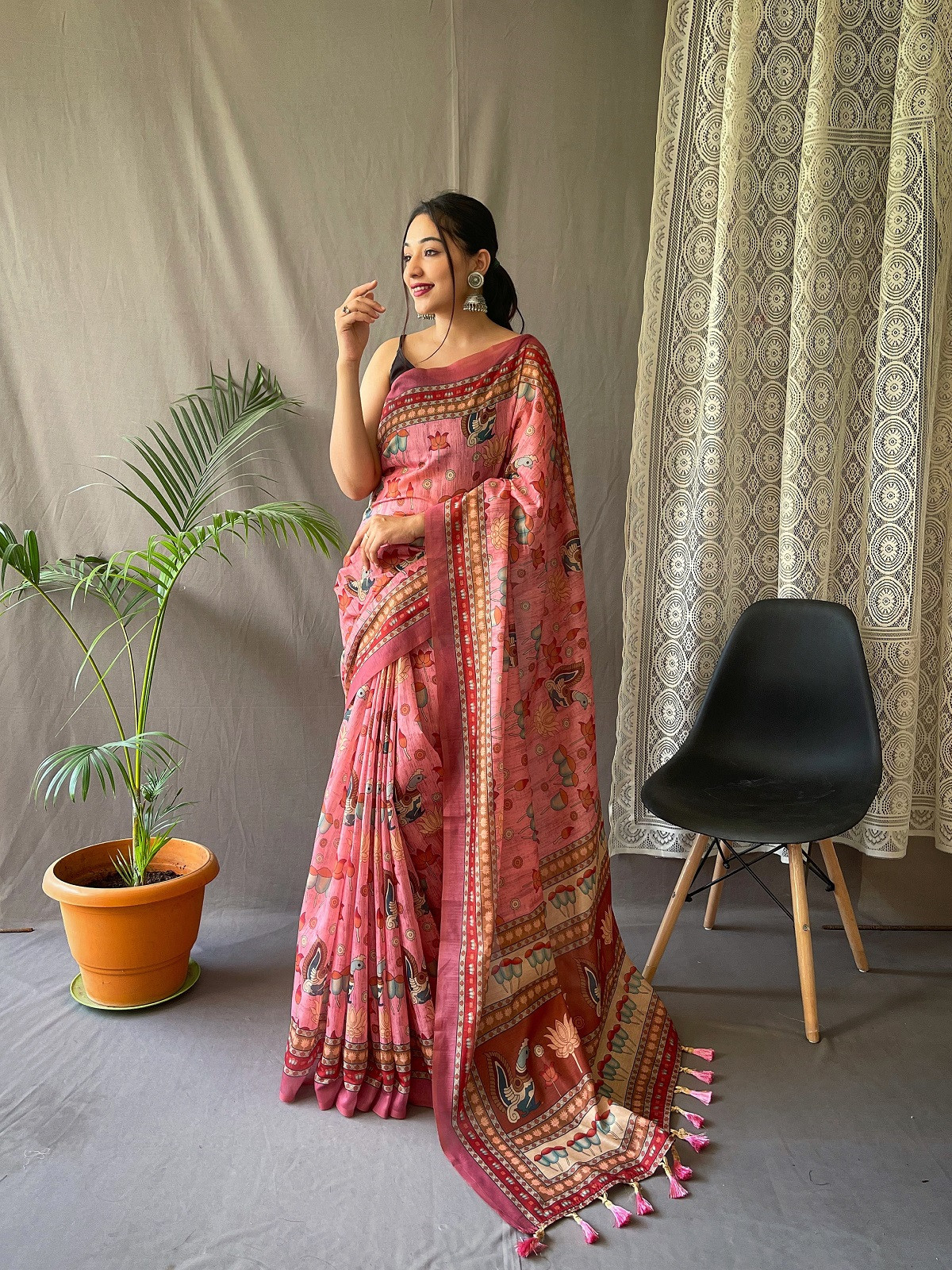 Pure Cotton Kalamkari Digital Printed Saree - Pink