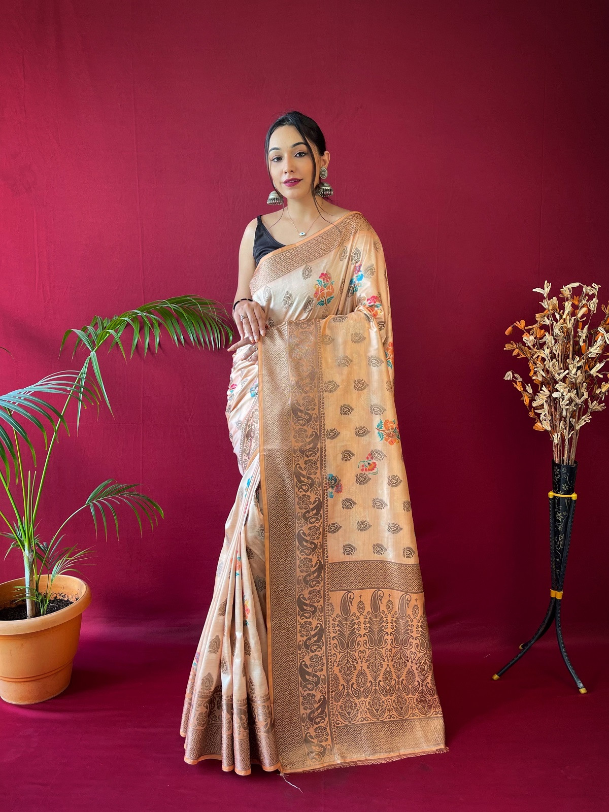 Soft Silk Zari woven floral printed saree - Orange