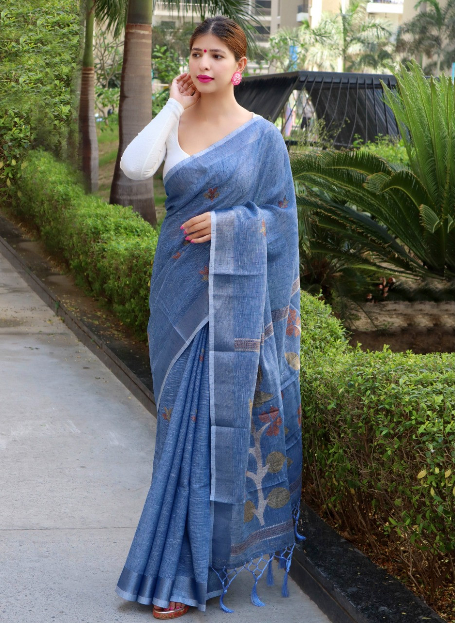 Copper Zari woven Pure linen Saree with meenakari motif - Blue