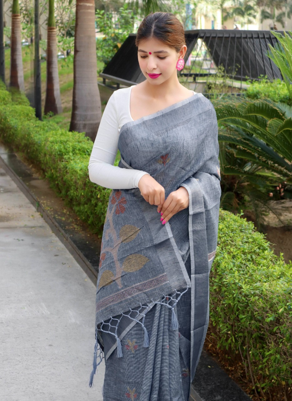 Copper Zari woven Pure linen Saree with meenakari motif - Grey