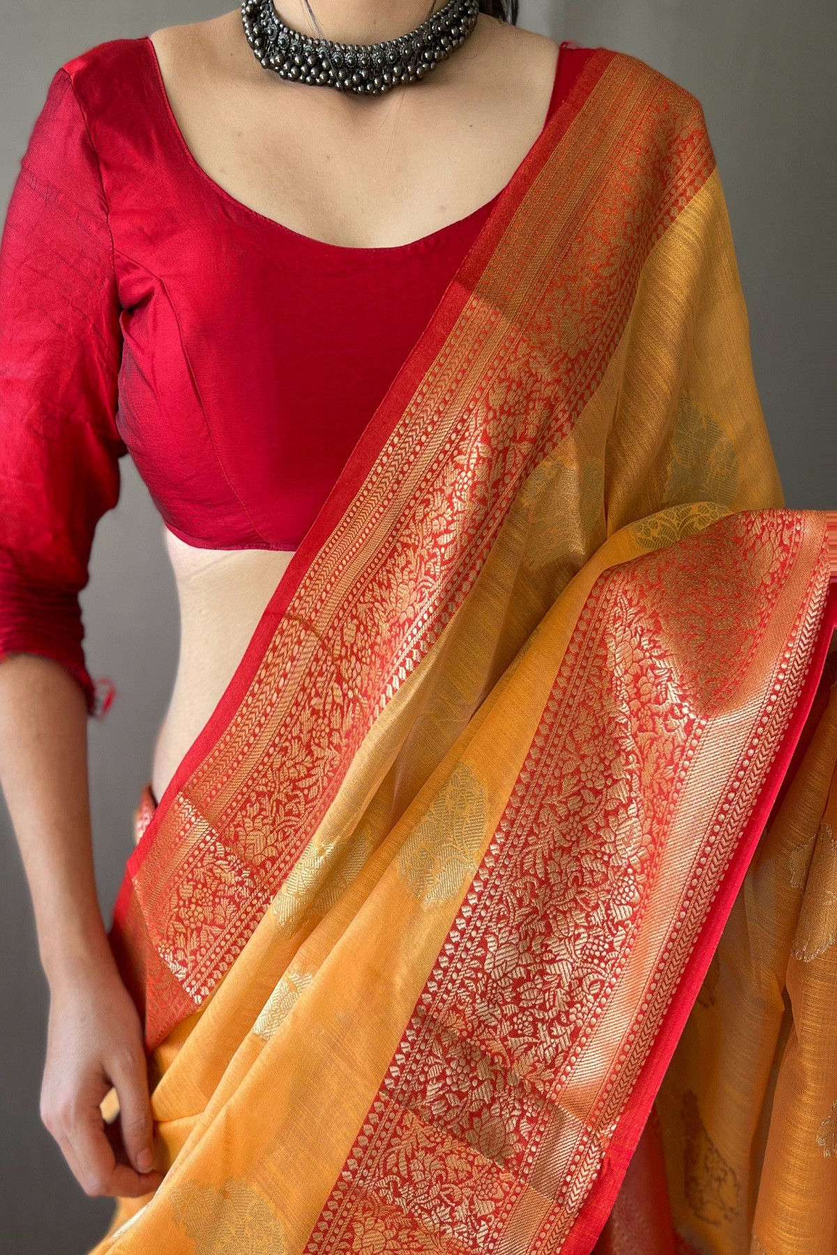 Pure linen silk Zari woven saree with contrast border Pallu - D.Yellow