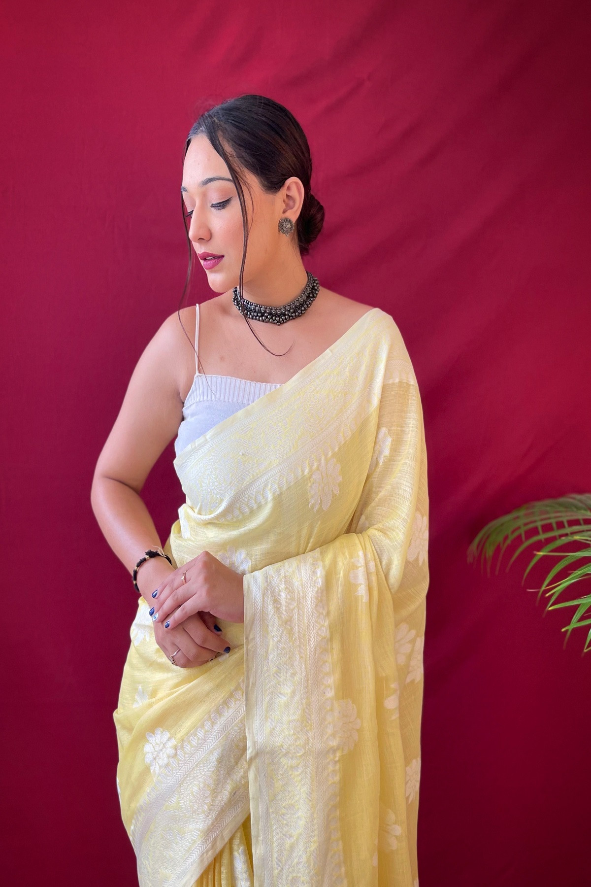 Pure Linen silk Lacknowi woven saree - Yellow
