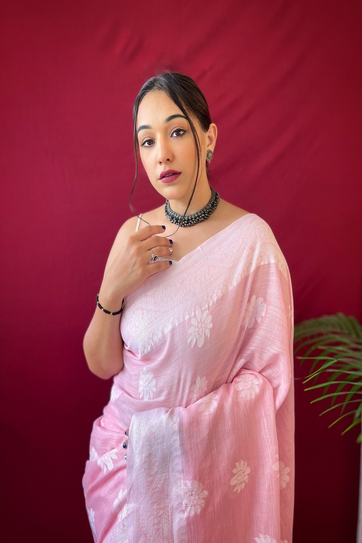 Pure Linen silk Lacknowi woven saree - Pink
