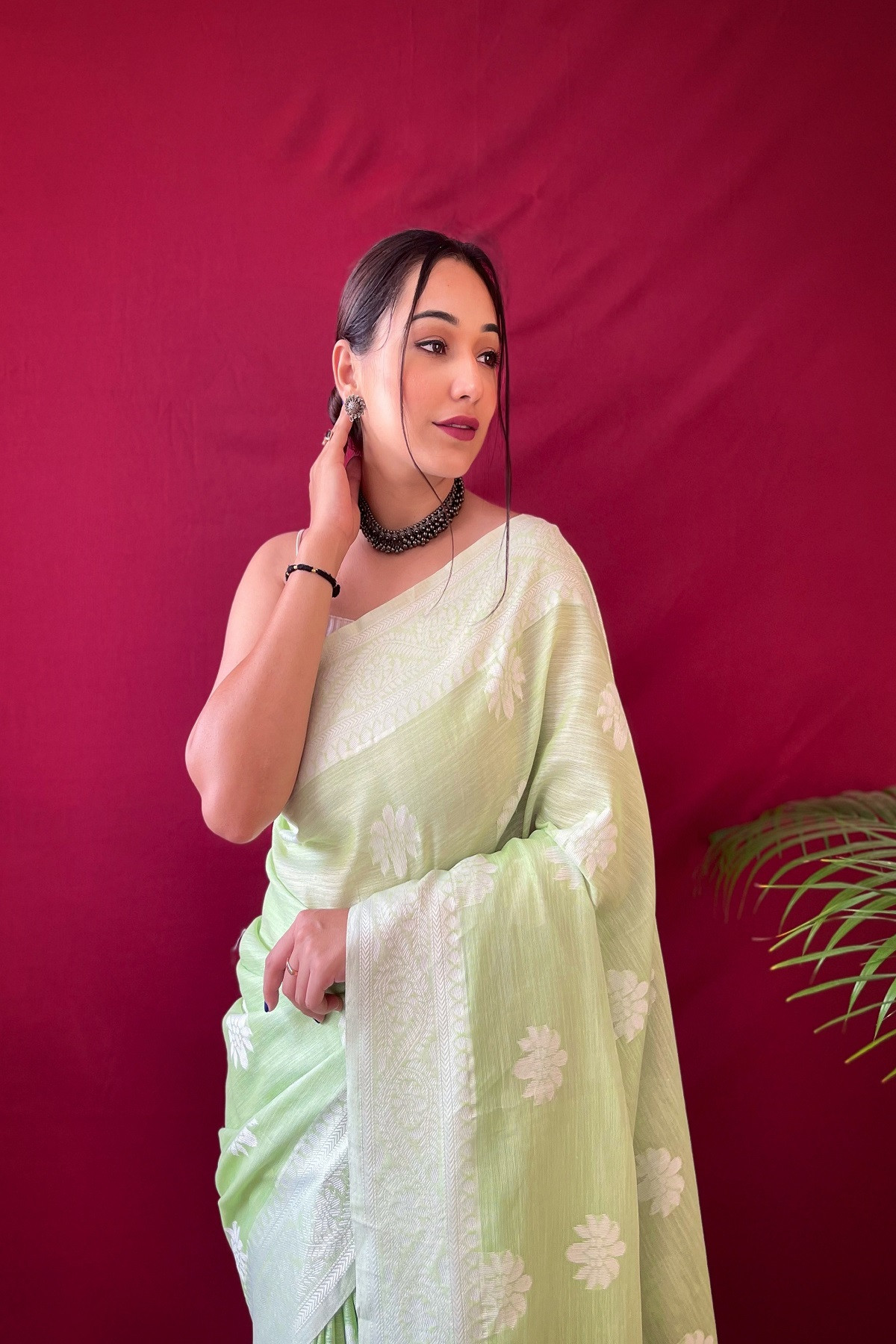 Pure Linen silk Lacknowi woven saree - Light Green